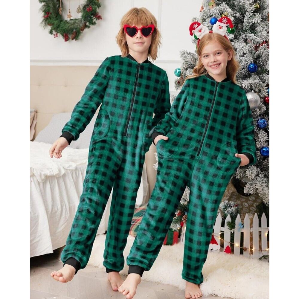 Ekouaer Christmas Pajamas One Piece Fleece Zipper Jumpsuit Pockets 14yrs
